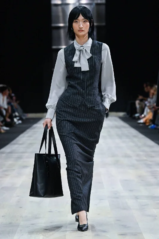 LOOK 5 - Dark Grey Chalk Stripe Aria Long Skirt With Matching Carla Vest + Grey Silk Blakely Blouse Short Sleeve Blouse LOOK 5 - Dark Grey Chalk Stripe Aria Long Skirt With Matching Carla Vest + Grey Silk Blakely Blouse Short Sleeve Blouse