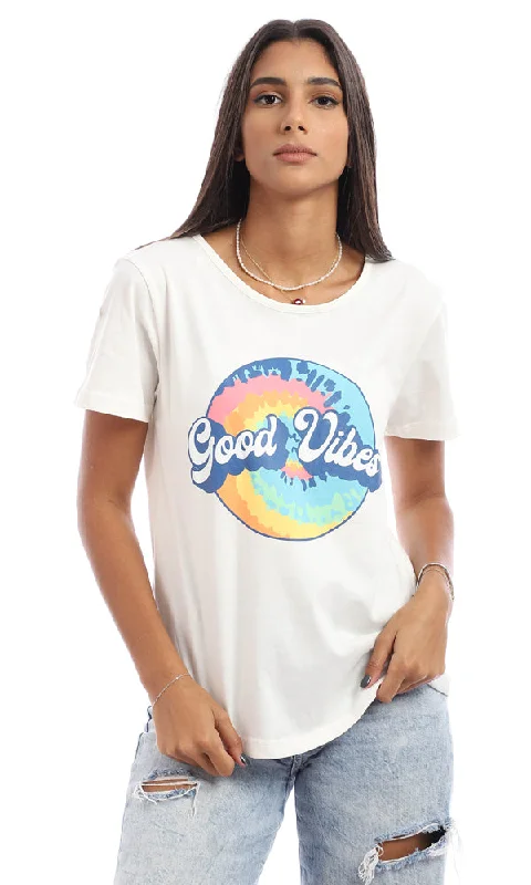 95458 Colorful Printed "Good Vibes" Summer T-Shirt - Off White-- Layered Multi-layer Single Layer