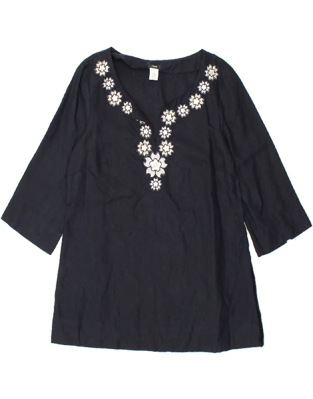 J. CREW Womens Longline 3/4 Sleeve Blouse Top US 12 Large Navy Blue Floral Lightweight Linen Blouse