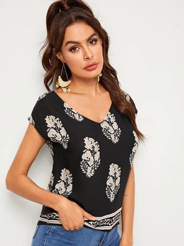 V-neck Leaf Print Blouse Sheer Mesh Blouse