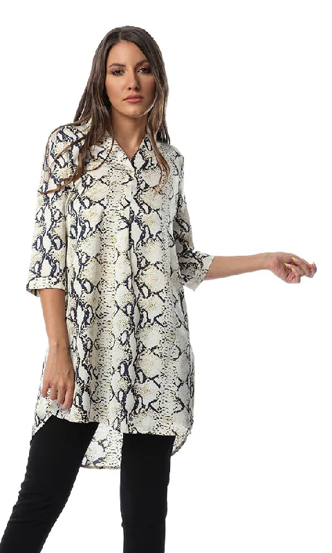 53331 Animal Pattern Buttoned Beige Shirt-- Mesh Canvas Denim