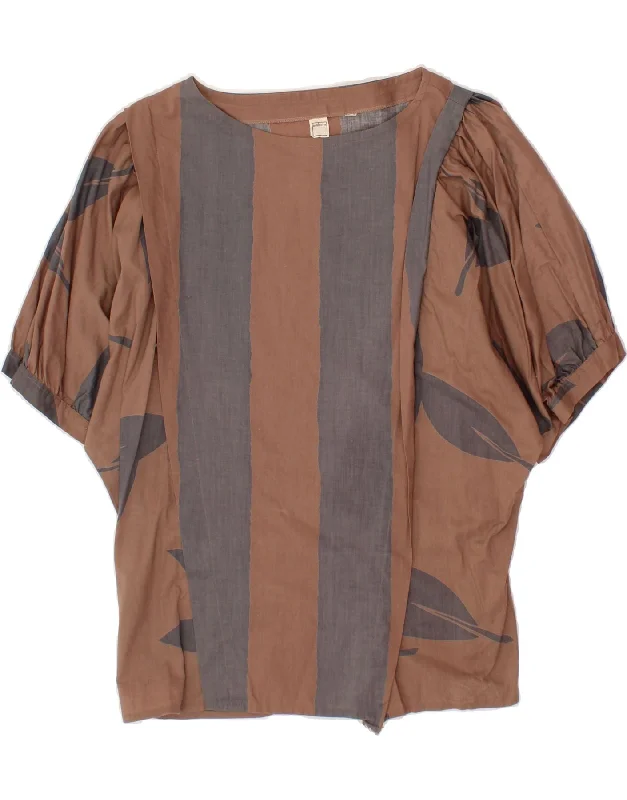 VINTAGE Womens Blouse Top EU 40 Medium Brown Striped Balloon Sleeve Blouse