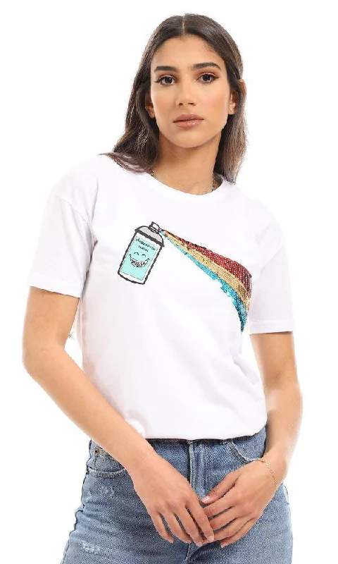 57588 Sequins & Printed Short Sleeves T-Shirt - White-- Silk Blend Satin Velvet