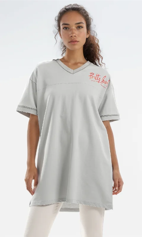 97774 Slip On Loose Fit Printed T-Shirt - Light Grey-- Modern Contemporary Chic