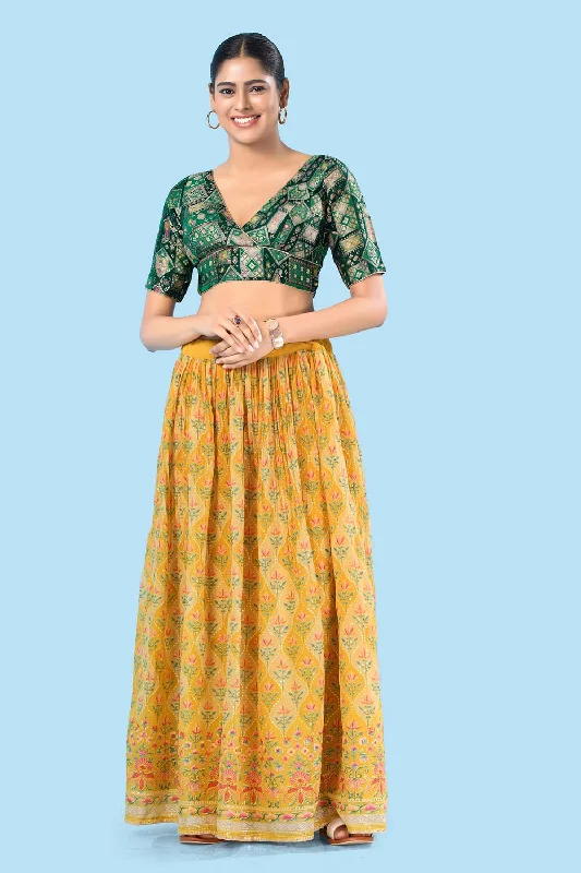 Bottle Green Brocade Back Open Elbow Sleeves Blouse Ruched Sleeve Blouse
