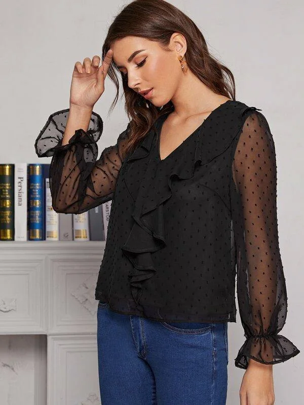 Swiss Dot V-neck Ruffle Trim Sheer Blouse Delicate Pleat Blouse