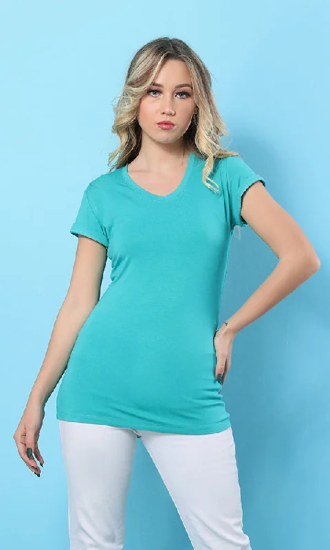 28529 Dark Aquamarine V-Neck Slip On Basic T-Shirt-- Cashmere Blend Cotton Blend Poly Blend