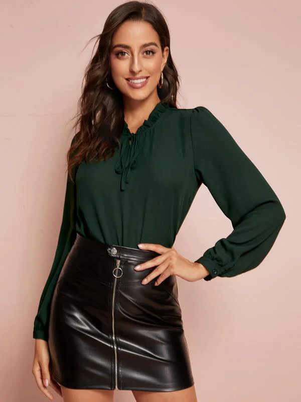 Frilled Tie Neck Solid Blouse Office Formal Blouse