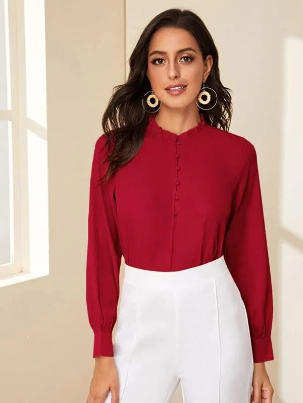 Frill Trim Covered Button Blouse Soft Pastel Blouse