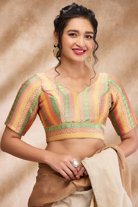 Gold Brocade Woven Elbow Sleeve Blouse Subtle Shimmer Blouse