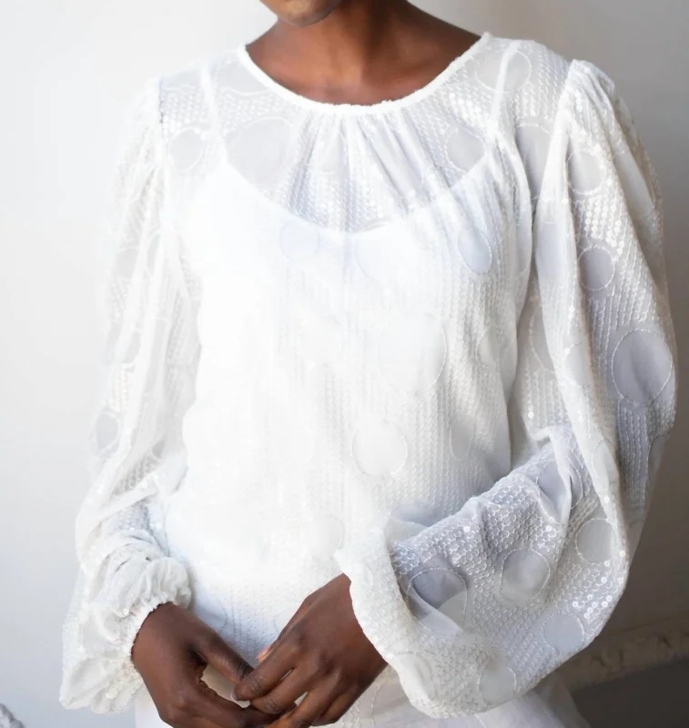 Sheer Sequined Blouse In White Casual Stripe Blouse