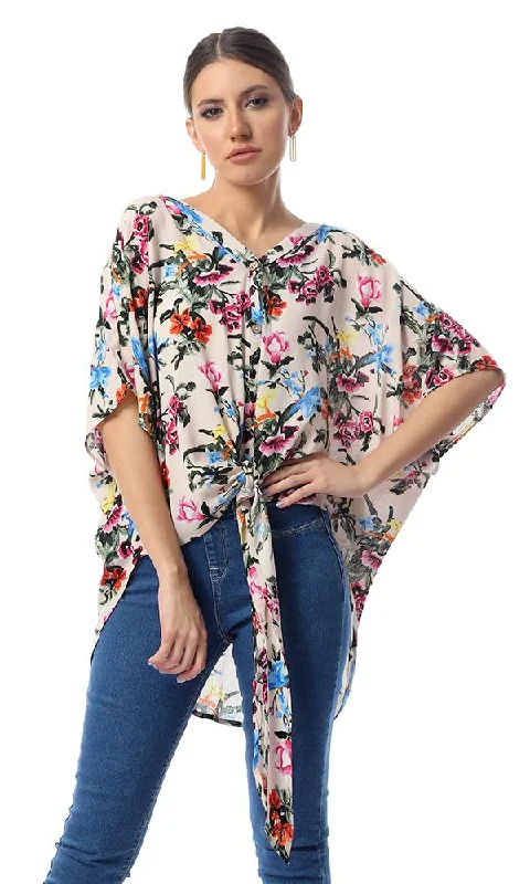53506 Colorful Floral Loose Shirt With Bow Tie - Multicolour-- Real Fur Shearling Chenille 53506 Colorful Floral Loose Shirt With Bow Tie - Multicolour-- Real Fur Shearling Chenille