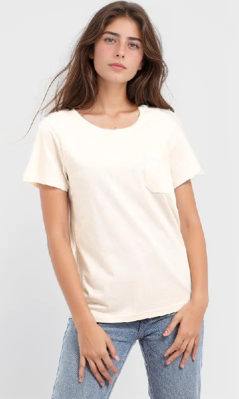 94644 Casual Round Neck T-Shirt With Side Pocket - Cream-- Cozy Warm Stylish
