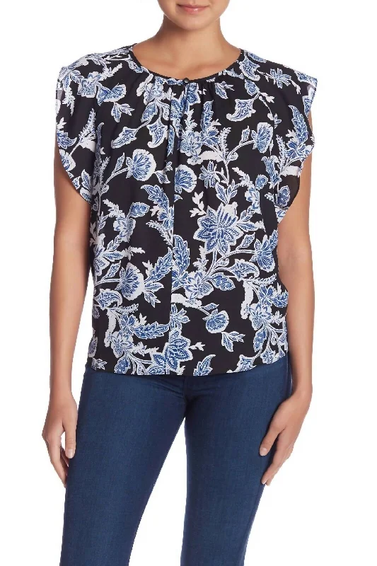 Flutter Sleeve Floral Print Keyhole Blouse In Black Blue White Classic Striped Blouse