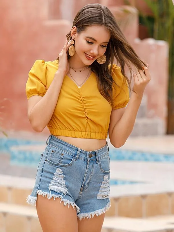 Ruched Detail Puff Sleeve Crop Blouse Pastel Color Blouse
