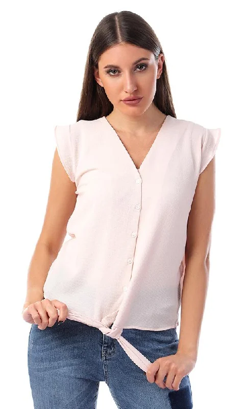 57134 Buttoned V-Neck Shirt With Front Tie - Powder Pink-- Chenille Brocade Lace