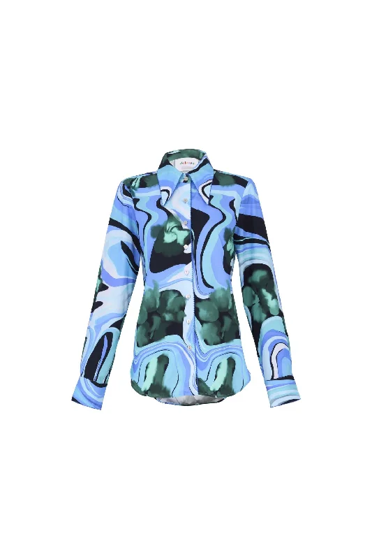 Women's Carmela Long Sleeve Blouse In Marmol Verde Oversized Silk Blouse
