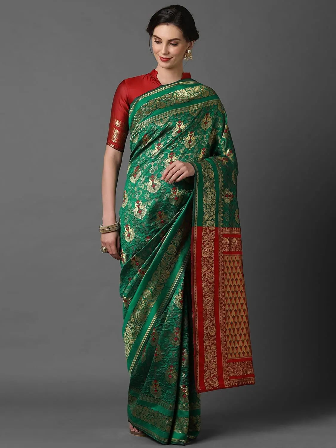 Sareemall Green & Red Wedding Silk Blend Woven Design Saree With Unstitched Blouse Chic Sleeveless Blouse Sareemall Green & Red Wedding Silk Blend Woven Design Saree With Unstitched Blouse Chic Sleeveless Blouse