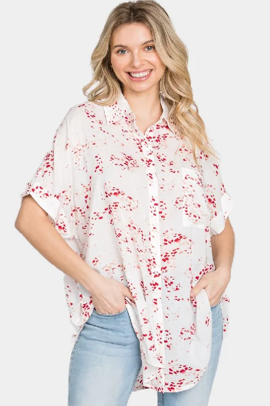 APRICOT COLLARED SHORT SLEEVES HI-LOW WOVEN BLOUSE TOP SO3348T Floral Print Blouse