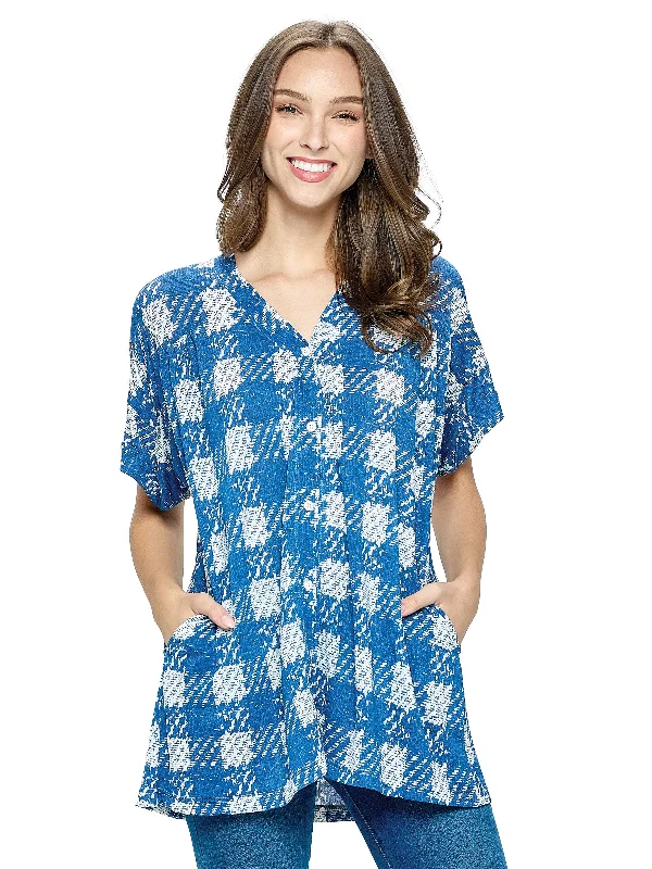 Blouse Button Up Checkered Pockets Bell Sleeve Blouse