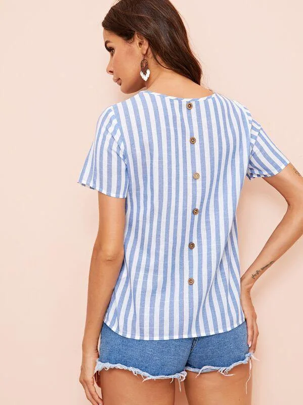 Pocket Patched Button Back Striped Blouse Classic Striped Blouse