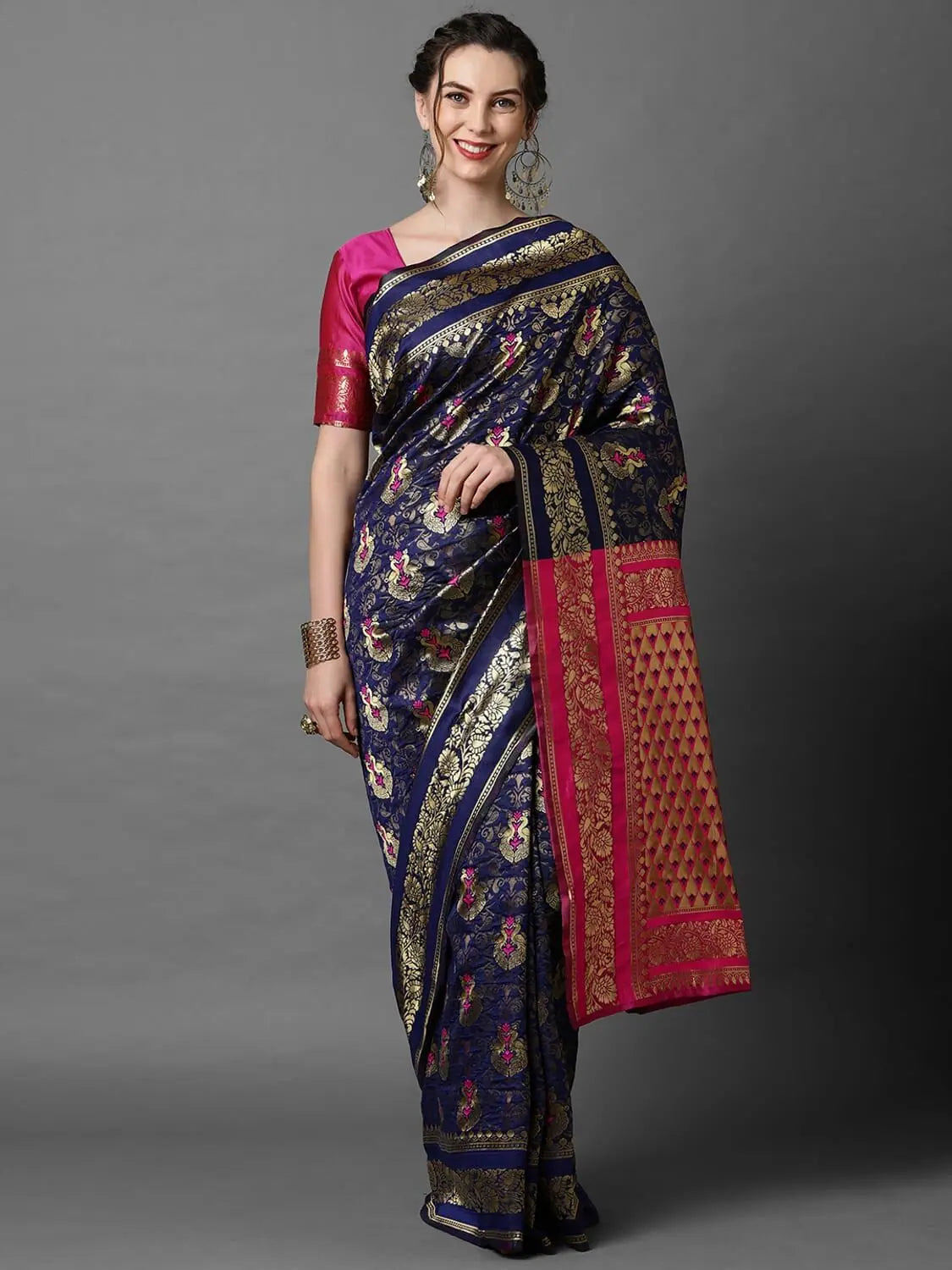 Sareemall Navy Blue & Pink Wedding Silk Blend Woven Top Design Saree With Unstitched Blouse Ruched Sleeve Blouse Sareemall Navy Blue & Pink Wedding Silk Blend Woven Top Design Saree With Unstitched Blouse Ruched Sleeve Blouse