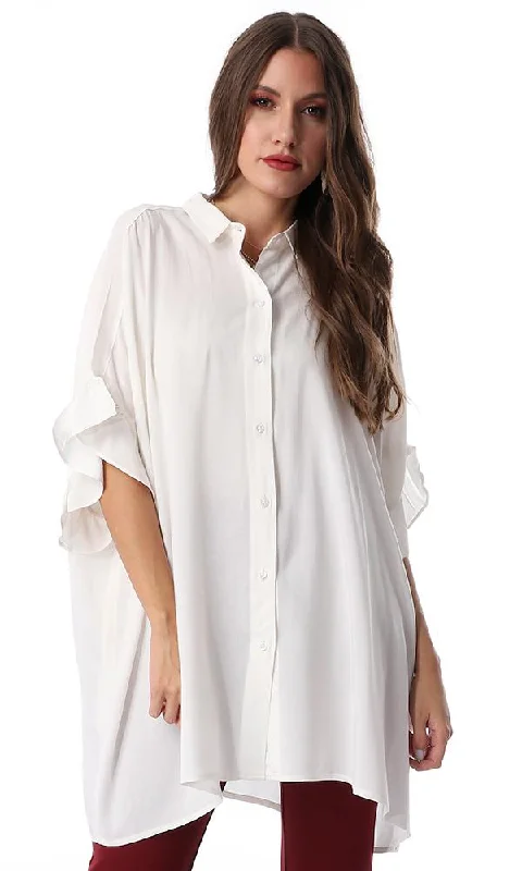 53497 Frill Sleeve Loose Off White Shirt-- Hooded Caped Shawl Collar