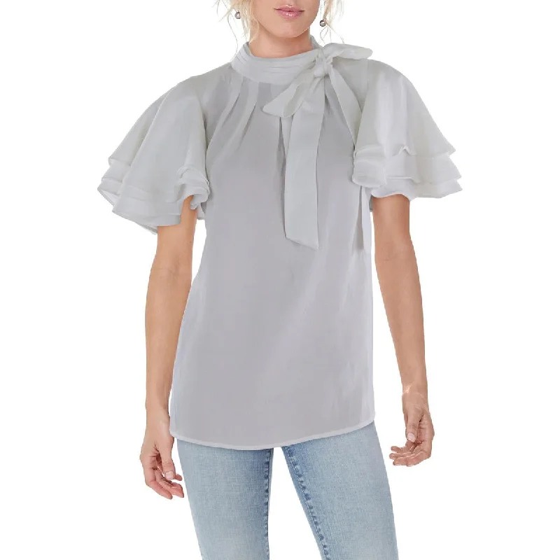 Womens Tie Neck Pleated Blouse Double Button Blouse