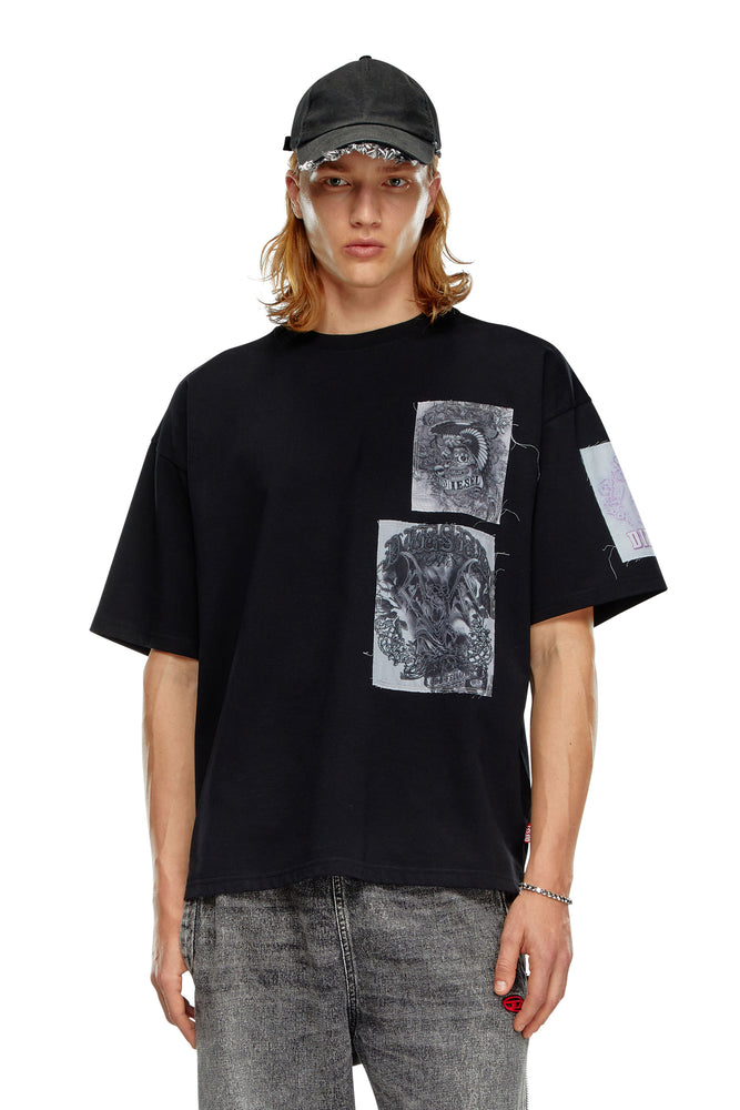 T-Shirt With Raw-Cut Printed Patches-- Collared Crew Neck Turtle Neck