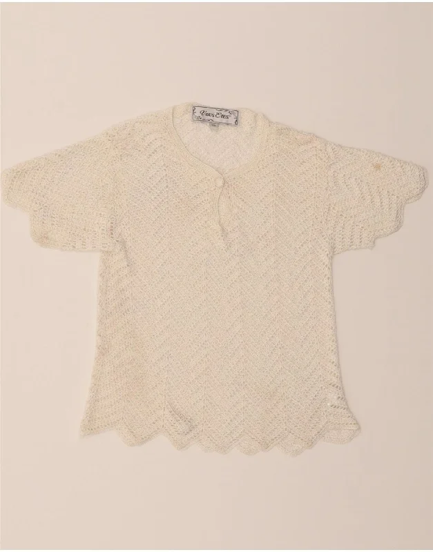 VINTAGE Womens Crochet Blouse Top UK 10 Small White Viscose Elegant Peplum Blouse