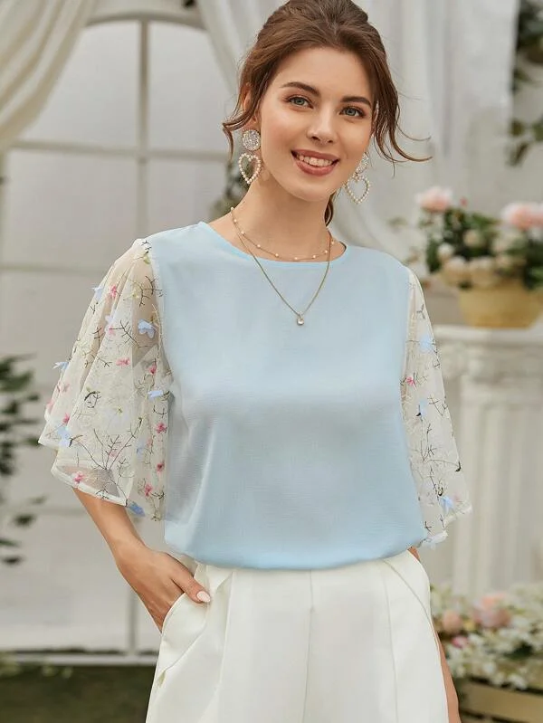 Contrast Embroidered Mesh Sleeve Blouse Elegant Lace Blouse