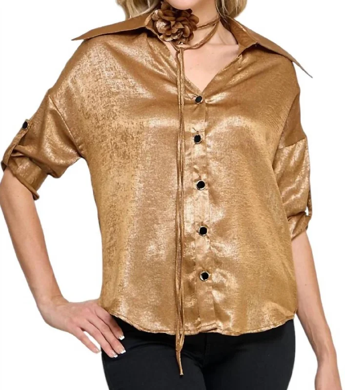 Liz Button-Down Blouse With Rosette Sash In Bronze Balloon Sleeve Blouse