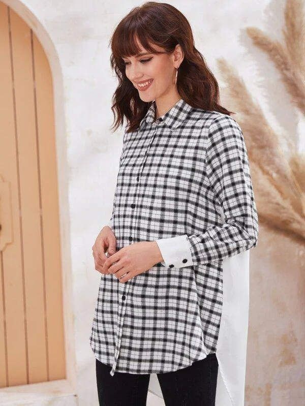 Button Front Contrast Cuff Plaid Blouse Feminine Pastel Blouse