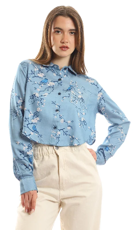 56541 Floral Full Sleeves Cropped Shirt - Baby Blue-- Graphic Embroidered Appliqued