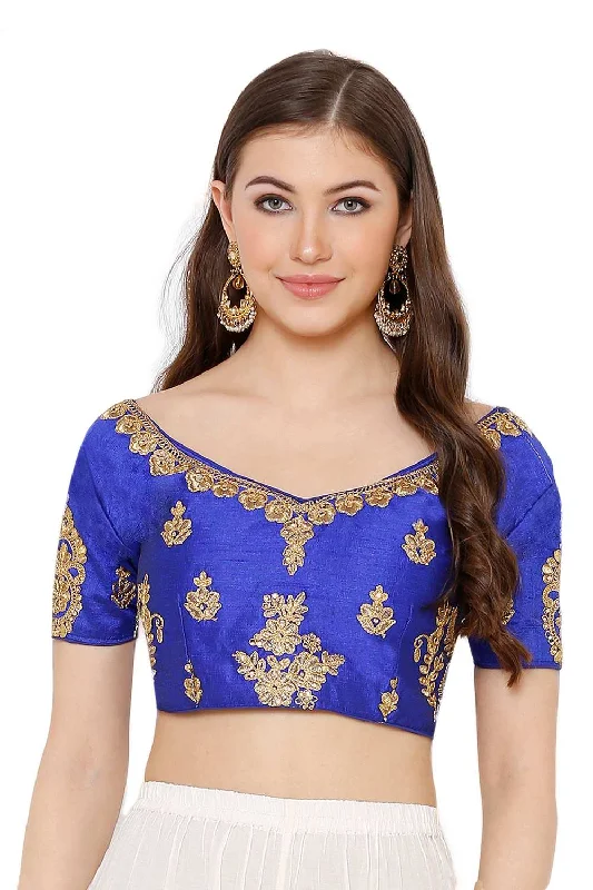 Art Silk Embroidered Blouse In Blue Playful Puff Blouse