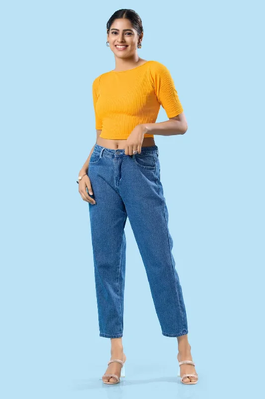 Yellow Jacquard Stretchable Elbow Sleeves Blouse Modern Work Blouse