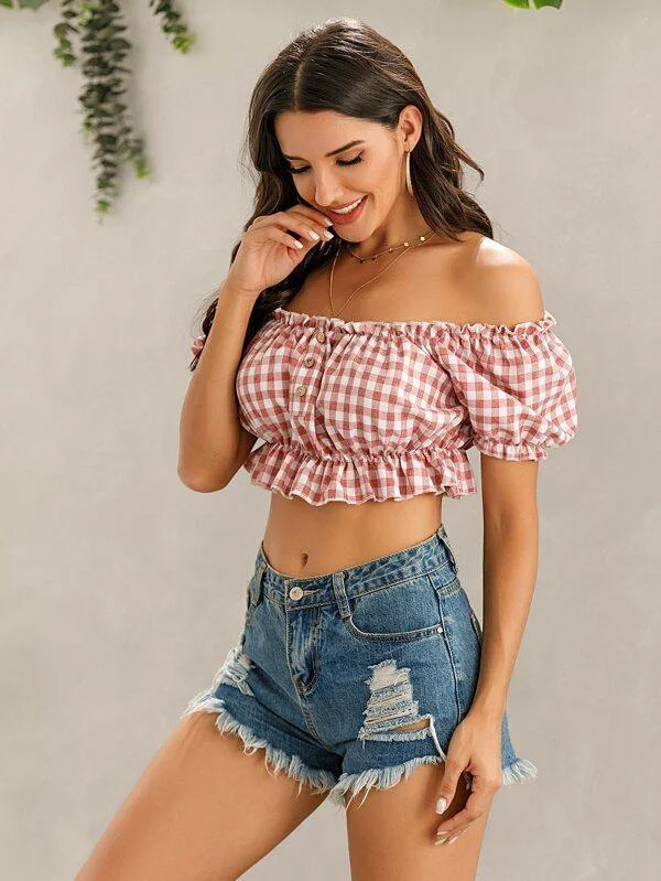 Gingham Print Off Shoulder Crop Blouse Pleated Collar Blouse