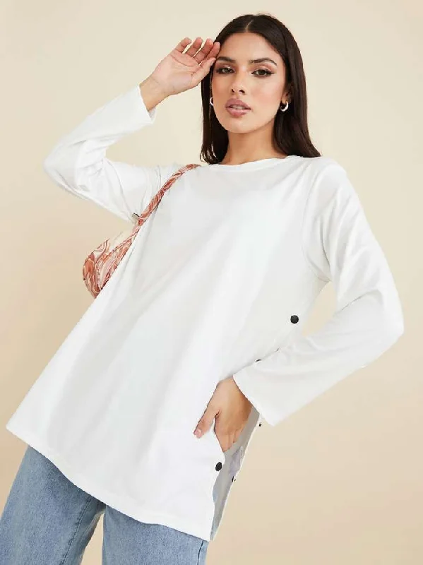 Women Solid Round Neck Polyester White T-Shirt 356369 X-- Boxy Fit Fitted Loose