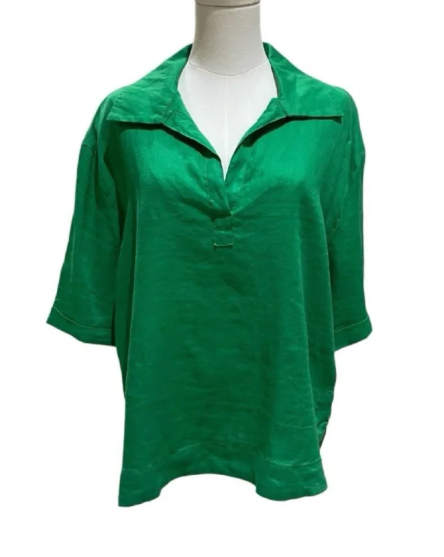 Women's Linen Lounge Summer Casual Blouse In Green Frilled Cuff Blouse