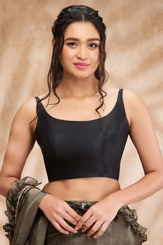Black Taffeta Solid Sleeveless Blouse Collared Satin Blouse