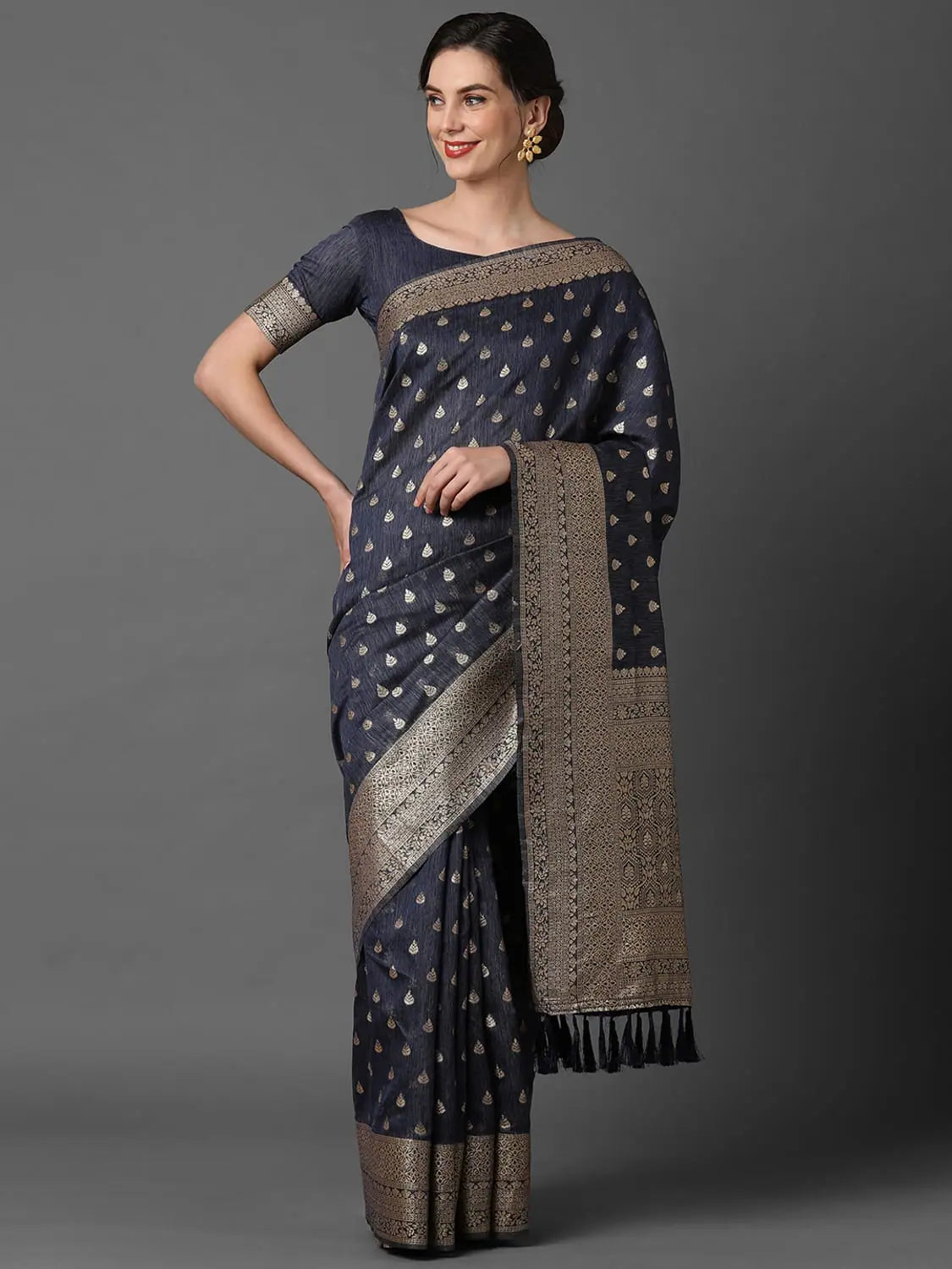 Sareemall Navy Blue Wedding Silk Blend Woven Design Saree With Unstitched Blouse-5TITHI7006-Blue Textured Cotton Blouse Sareemall Navy Blue Wedding Silk Blend Woven Design Saree With Unstitched Blouse-5TITHI7006-Blue Textured Cotton Blouse