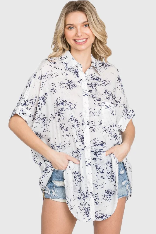 NAVY COLLARED SHORT SLEEVES HI-LOW WOVEN BLOUSE TOP SO3348T Classic White Blouse