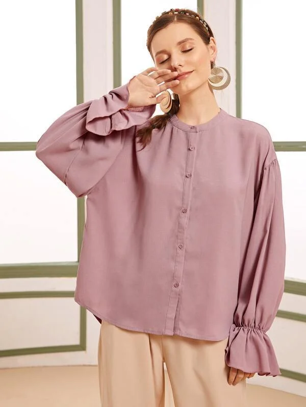 Drop Shoulder Flounce Sleeve Curved Hem Blouse Wrap Front Blouse