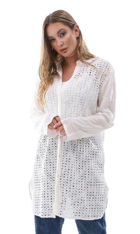 95529 Casual Perforated Long Buttoned Off White Shirt-- Casual Formal Business