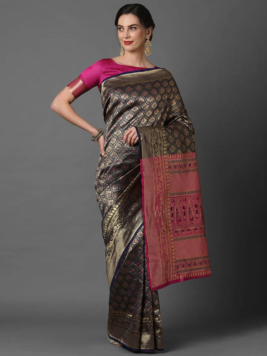 Sareemall Navy Blue & Pink Wedding Silk Blend Woven Design Saree With Unstitched Blouse Romantic Lace Blouse Sareemall Navy Blue & Pink Wedding Silk Blend Woven Design Saree With Unstitched Blouse Romantic Lace Blouse