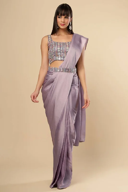 Neri Violet Grey Silk Ready To Wear Saree Set With Shimmer Blouse & Belt Double-Layered Blouse