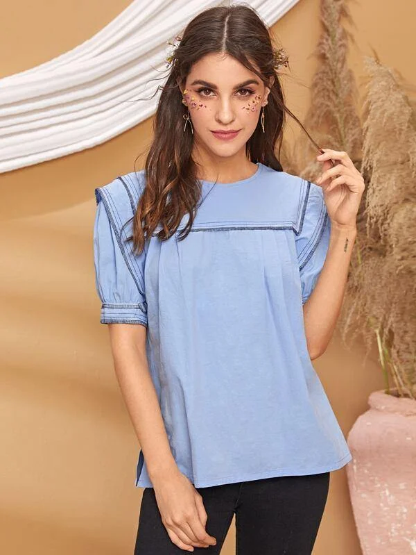 Contrast Trim Split Side Blouse Sweetheart Neck Blouse