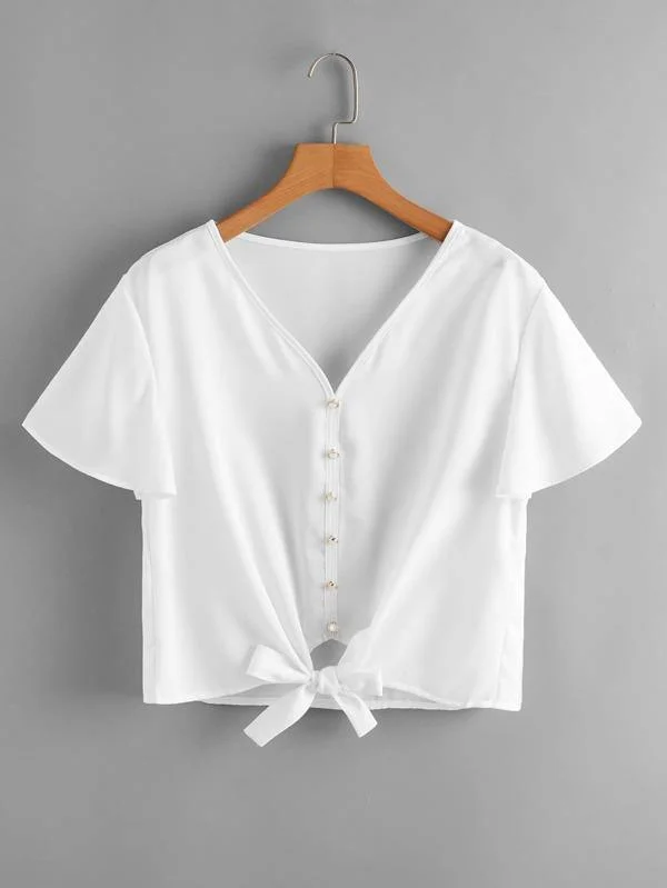 Flutter Sleeve Button Front Knot Hem Blouse Subtle Shimmer Blouse