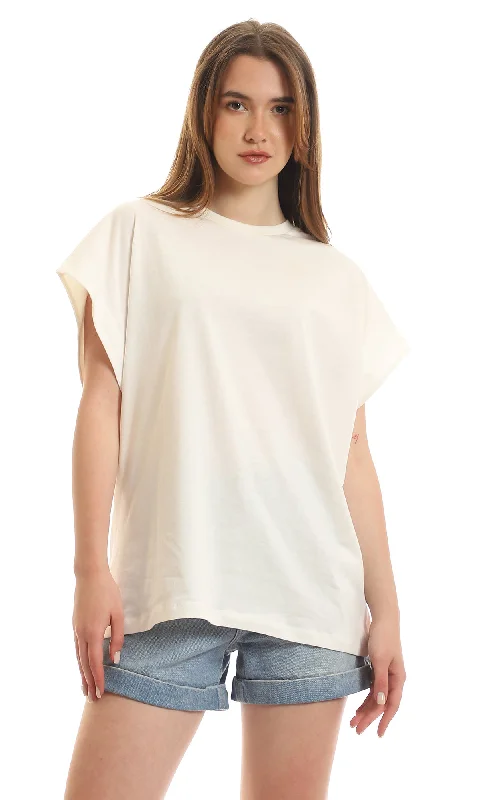 97096 Simple Cap Sleeves Round Neck T-Shirt - Off White-- Solid Color Striped Floral