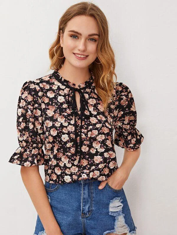 Tie Neck Floral Print Blouse Feminine Ruffle Blouse